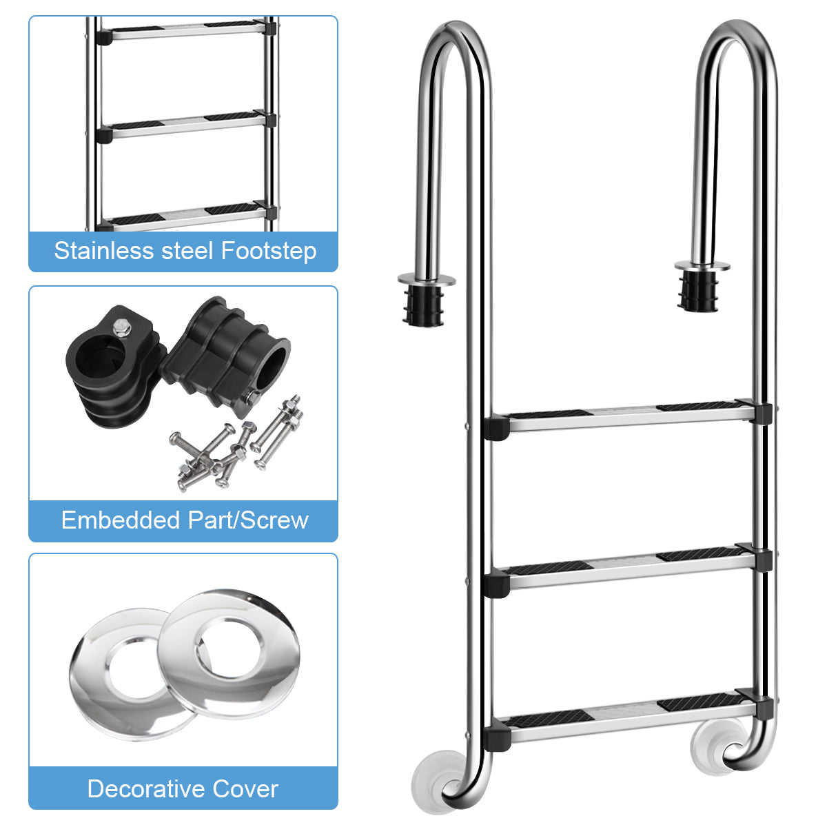 LIVSK Zwembadladder - Roestvrij Staal 304 - Antislip Voetstappen - Ergonomische Leuningen - Tot 150 kg - 55x25x132,5 cm