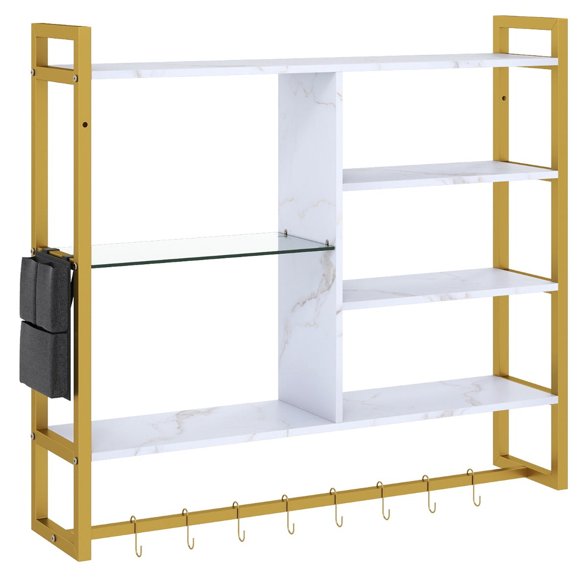 LIVSK Zwevende Wandplank - 6 Open Planken - Robuust Metaal en Hout - Flexibele Opbergruimte - Goud + Wit