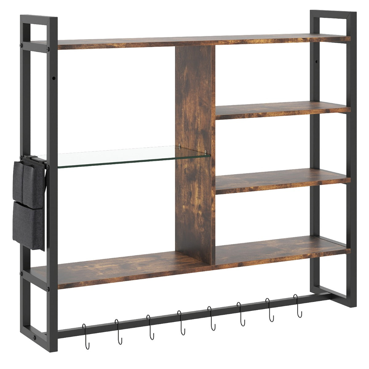 LIVSK Zwevende Wandplank - 6 Open Planken - Robuust Metaal en Hout - Inclusief 8 S-haken - Rustiek Bruin + Zwart