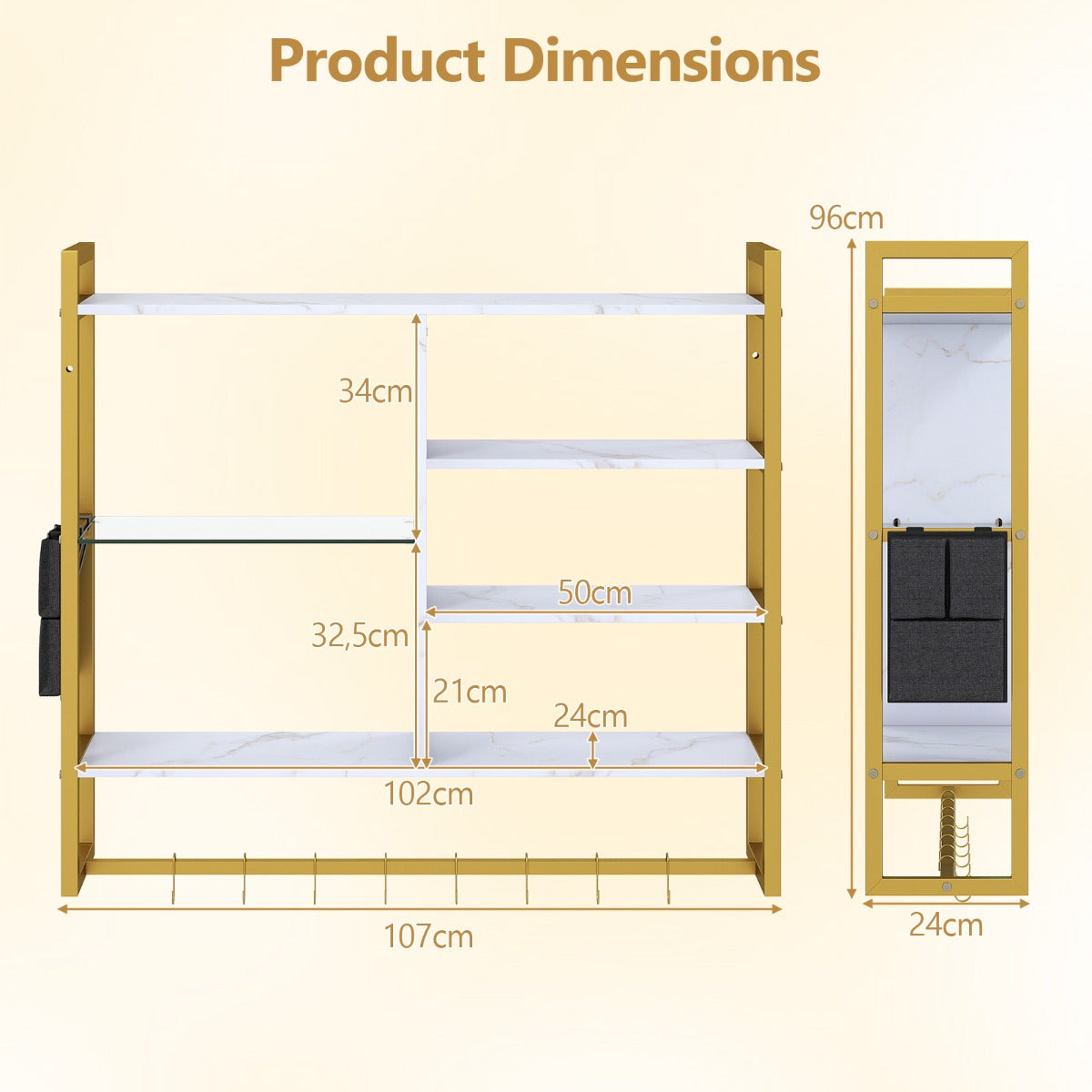 LIVSK Zwevende Wandplank - Metalen Frame - RGB LED Verlichting - 6 Open Planken - Inclusief Haken - Goud + Wit