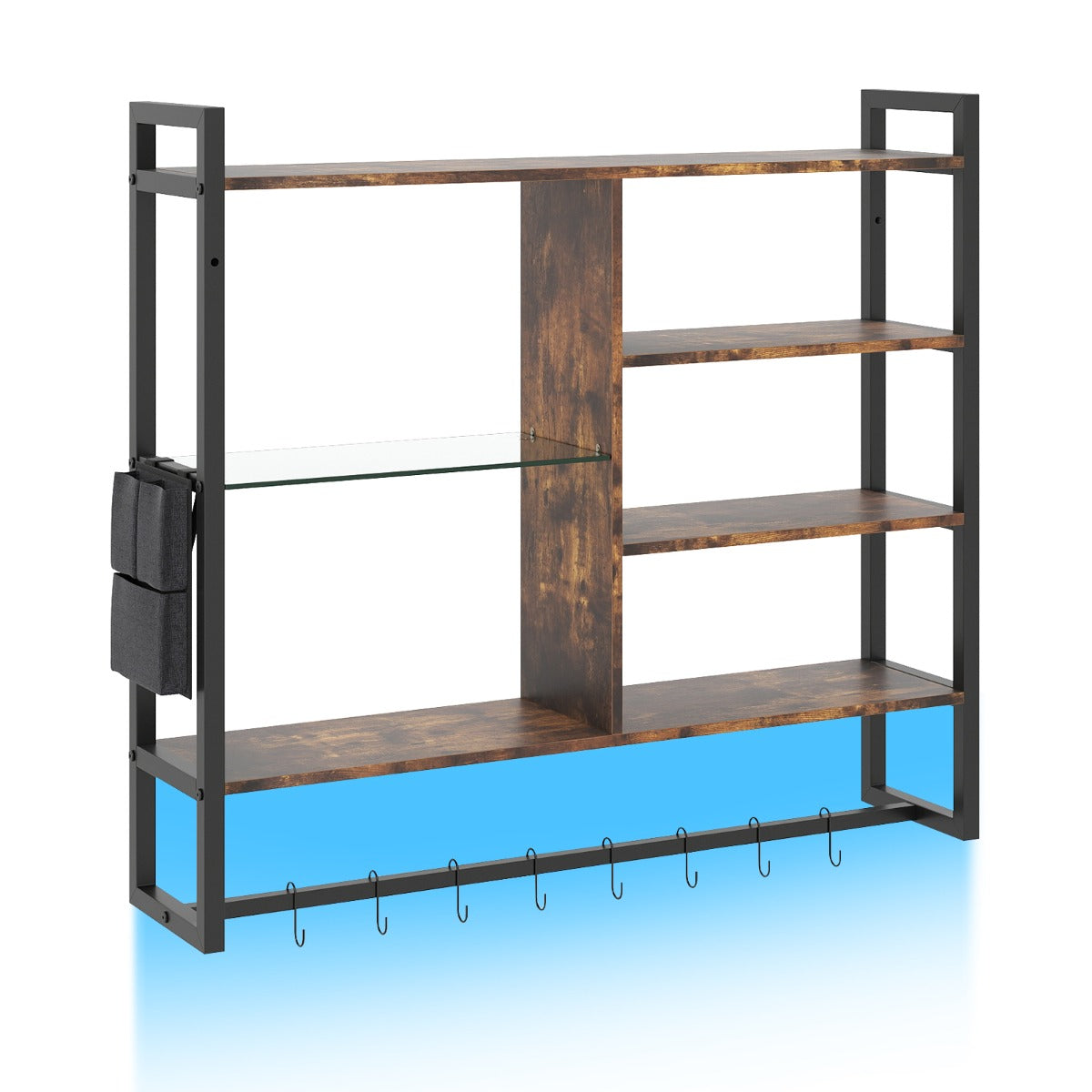 LIVSK Zwevende Wandplank - Stevig Metaal en Hout - RGB LED Verlichting - 6 Open Planken - Rustiek Bruin + Zwart