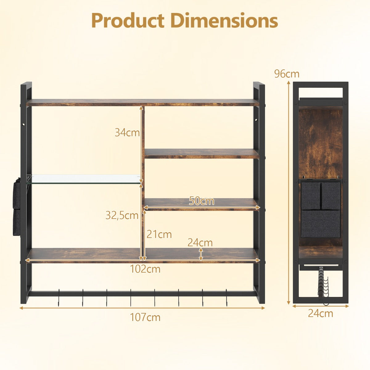 LIVSK Zwevende Wandplank - Stevig Metaal en Hout - RGB LED Verlichting - 6 Open Planken - Rustiek Bruin + Zwart