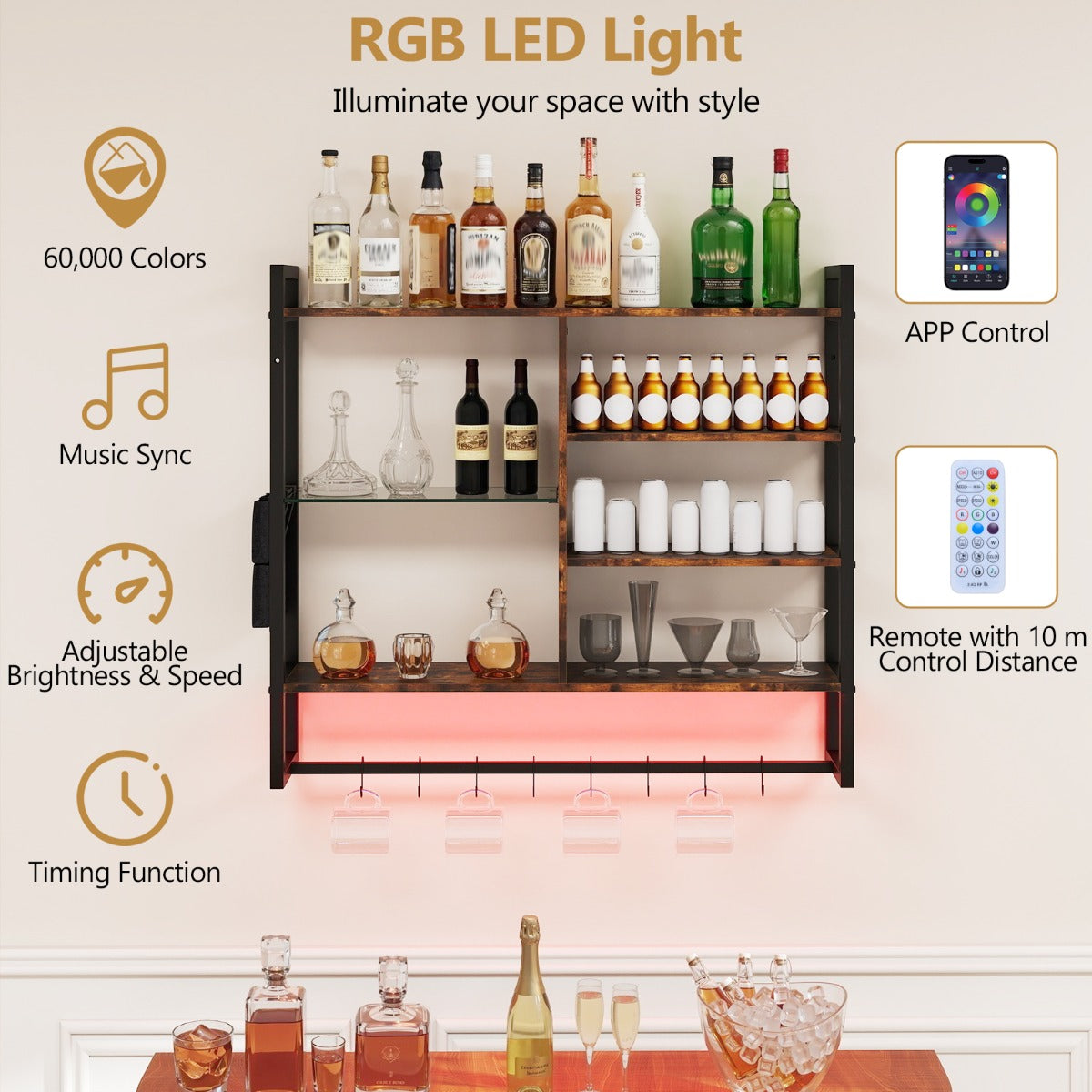 LIVSK Zwevende Wandplank - Stevig Metaal en Hout - RGB LED Verlichting - 6 Open Planken - Rustiek Bruin + Zwart