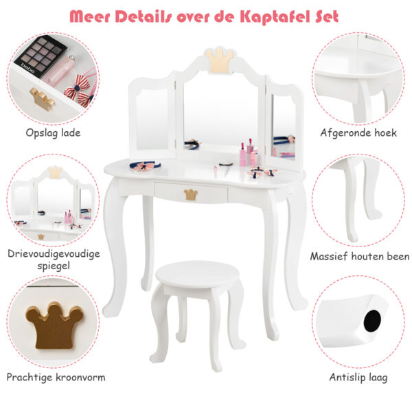 Livsk 2 In 1 Kaptafel Set Kinderen Kaptafel Meisjes Kaptafel Houten Spiegel Tafel Wit 80x42x105cm 1.jpg