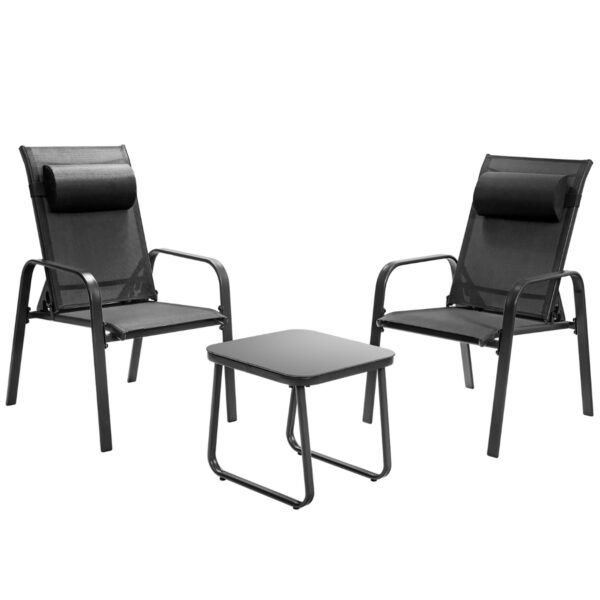 Livsk 3 Delige Patio Bistro Meubelen Set Buiten Gehard Glas Salontafel En 2 Stapelbare Stoelen 3 Stuks Veranda Meubelen Set Zwart 1.jpg