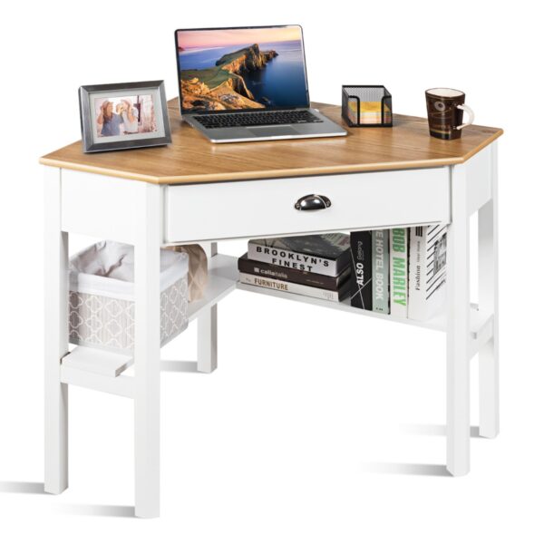 Livsk Computer Hoekbureau Compacte Schrijftafel Met Lade Planken Laptop Pc Hoek Tafel Meubilair Witbruin 1.jpg