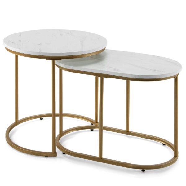 Livsk Set Van 2 Salontafel Met Marmeren Look Bijzettafel Hout Met Goudkleurige Metalen Poten Koffietafels Set Modern Rond Wit 1.jpg