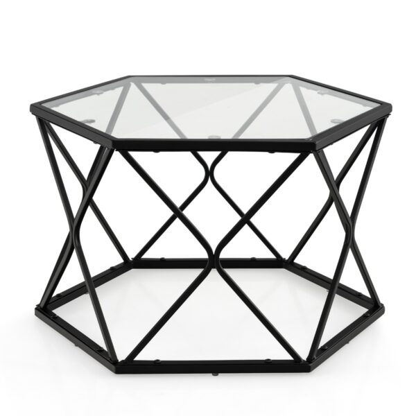 Livsk Geometrisch Glas Salontafel Hexagonale Eindtafel Met Gehard Glas Bovenkant Metalen Poten Moderne Accent Salontafel Zwart 1.jpg