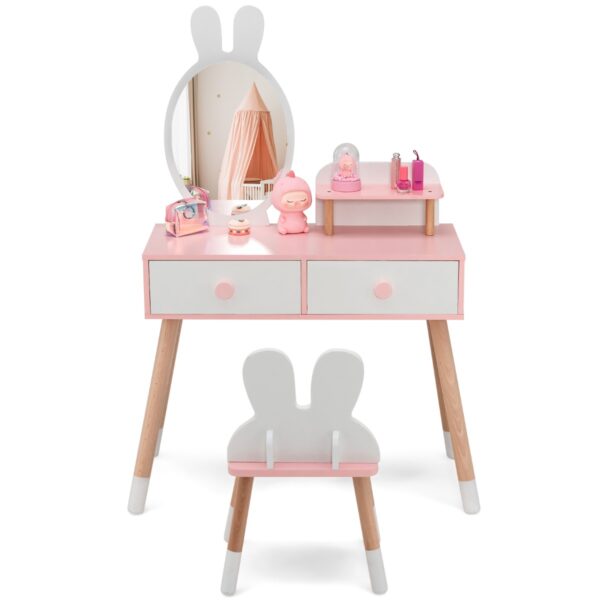 Livsk Kinderen Kaptafel En Stoelenset 2 In 1 Prinses Make Up Dressoir Bureau Met Spiegel 2 Laden Opbergplank Schattig Konijn Roze En Wit 1.jpg