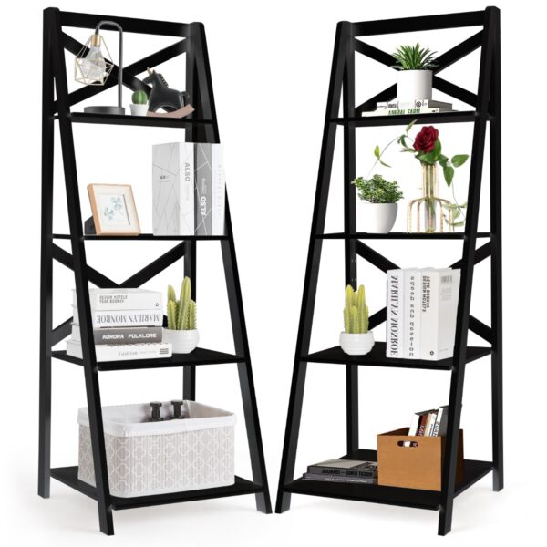 Livsk 2 Stuks 4 Laags Ladderplank Moderne Hoekboekenplank Houten Boekenkast Opbergplank Displayrek 50 X 46 X 143 Cm Zwart 1.jpg