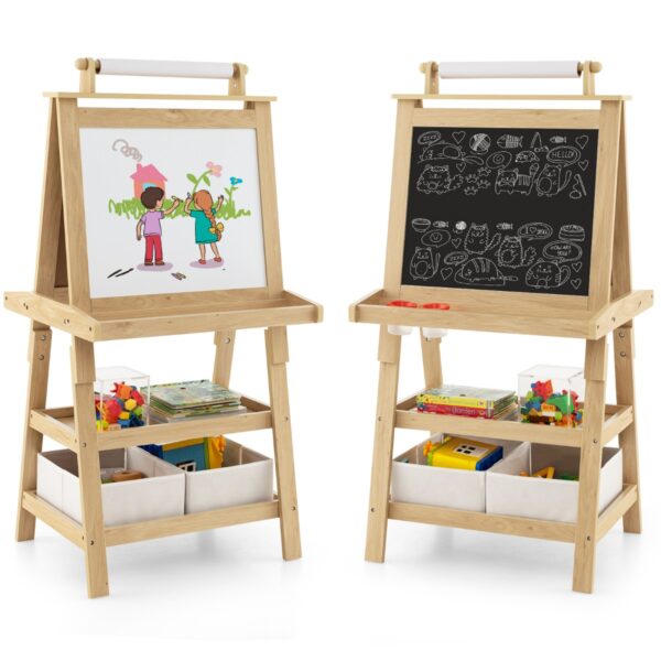 Livsk 3 In 1 Kinderschildersezel Dubbelzijdig Whiteboard Krijtbord Tekenpapier 2 Planken Houten Bord Met 2 Opbergdozen Blauwnatuurroze 1.jpg