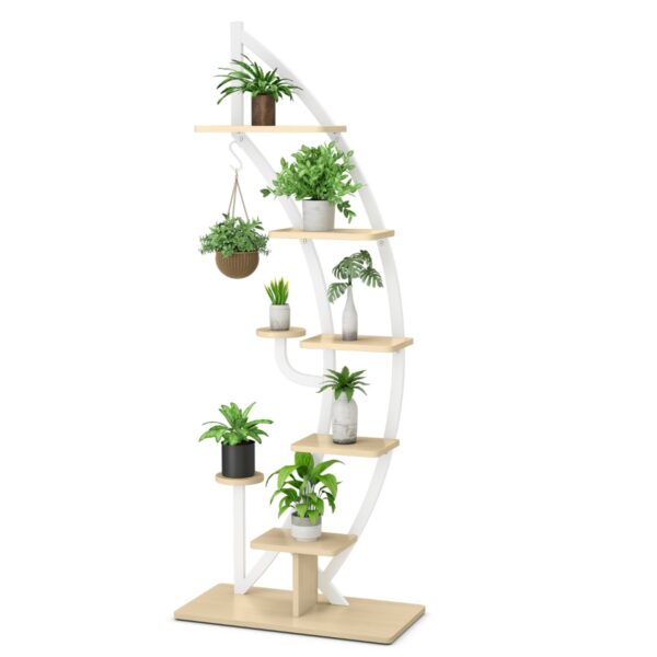 Livsk 7 Lagen Hoge Metalen Plantenrek Gebogen Halve Maan Vorm Ladder Plantenrek Moderne Bloempot Houder Metalen Bloemenrek Wit 1.jpg