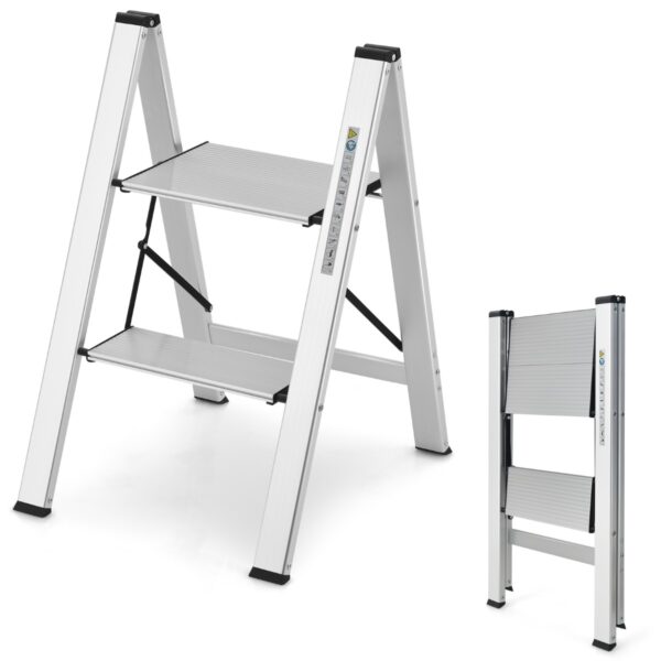 Livsk %c2%a0trapladder 2 Treden Aluminium Vouwladder Tot 150 Kg Ladder Opstapkruk Huishoudladder Voor Thuiskantoor Garage Zilver 1.jpg