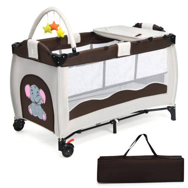 Livsk 3 In 1 Baby Speelbed Draagbare Opvouwbare Wieg Met Luiertafel Comfortabel Matras Baby Wiegje Bed Met Speelgoed Bruin 1.jpg