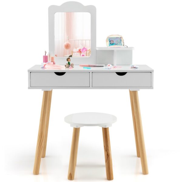 Livsk Kaptafelset Voor Kinderen 2 In 1 Kaptafel Bureau En Kruk Met Afneembare Spiegel 2 Laden Kam Houten Make Upcommode Wit 1.jpg