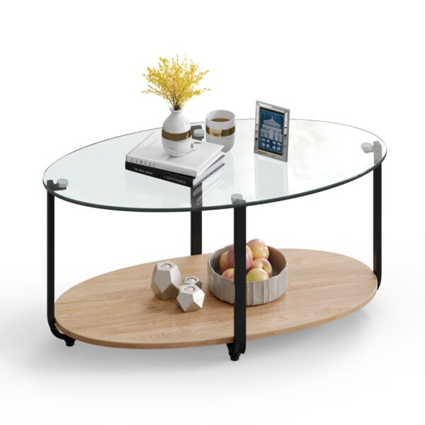 Livsk Salontafel Met 2 Niveaus Glazen Tafel Met Metalen Frame Woonkamertafel Ovaal 95 X 50 X 44 Cm Modern 1.jpg