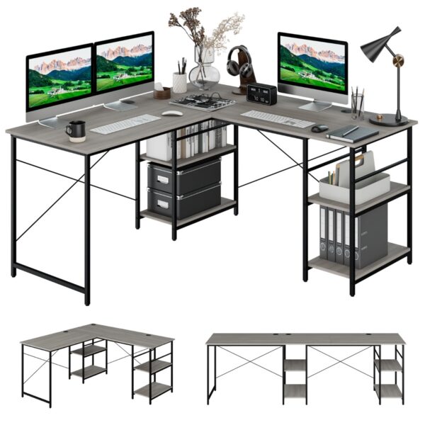 Livsk Bureau L Vorm Omkeerbaar Hoekbureau Met 4 Planken Gaming Computertafel Hoektafel Voor Thuiskantoor 151 X 151 X 75 Cm Grijs 1.jpg