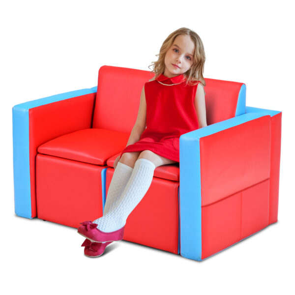 Livsk Kinderbank 2 In 1 Dubbele Bank Omvormbaar Tafel En Twee Stoelen Kinderstoel Met Houten Frame En Pvc Oppervlak Roodblauw 1.jpg