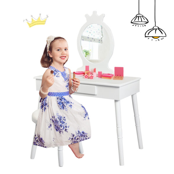 Livsk Kinderen Ijdelheid Make Up Kaptafel Prinses Kaptafel Stoel Met Lade En Zachte Kruk Voor Kleine Meisjes Wit 1.jpg