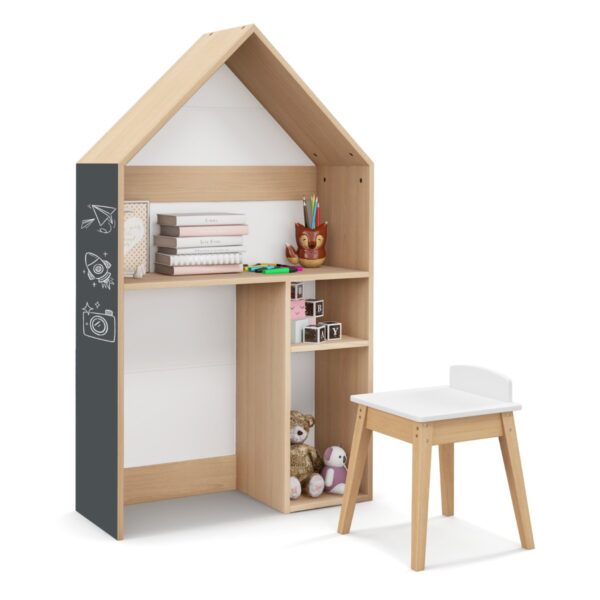 Livsk 2 In 1 Kinderbureau In De Vorm Van Een Huis Met Schoolbord Kindertafel En Houten Stoel Anti Kantelbeveiliging Boekenkast Wit Natuur 1.jpg