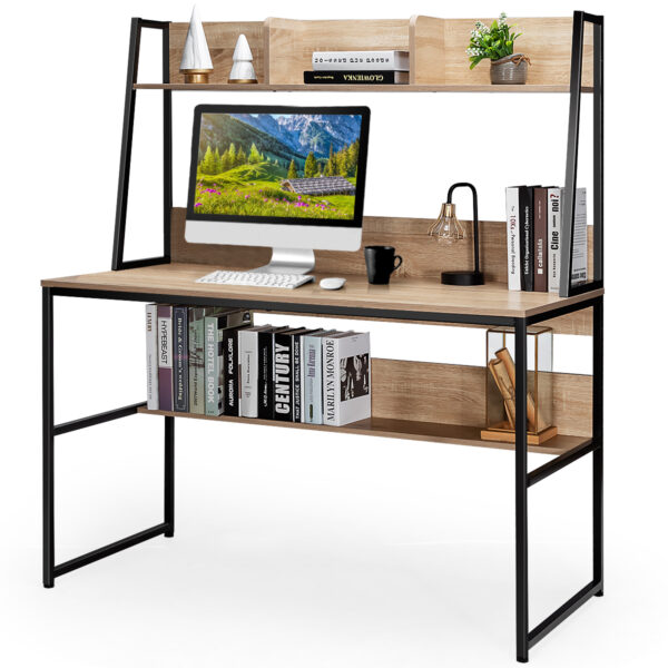 Livsk Bureau Met Plank Computertafel Van Hout Met Metalen Frame En Verstelbare Voetpads Werktafel Met Open Boekenkast Natuur 1.jpg