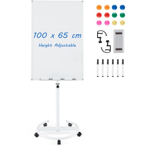 Livsk 100 X 65 Cm Mobiel Whiteboard Op Wieltjes In Hoogte Verstelbaar Tot 192 Cm Magnetisch Met Ronde Standaard Magneten Markers En Gum Wit 1.jpg