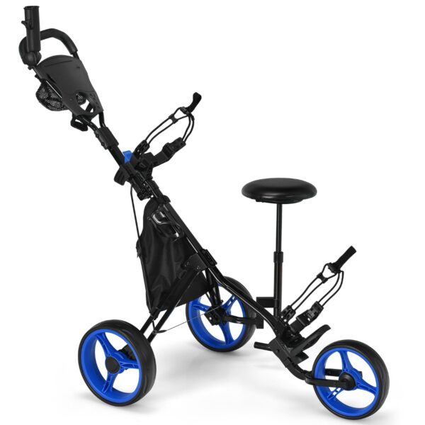 Livsk Golftrolley 3 Wielen Golfkaddy Van Aluminium Met Zitting Verstelbare Handgrepen En Voorwiel Golfwagen Met Parapluhouder En Opbergtas 1.jpg