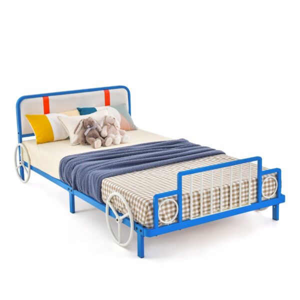 Livsk Kinderbed Jeugdbed In Autovorm Juniorbed Met Gevoerd Hoofdeinde En Lattenbodem Autobed Van Metaal Voor Jongens En Meisjes Blauw 1.jpg