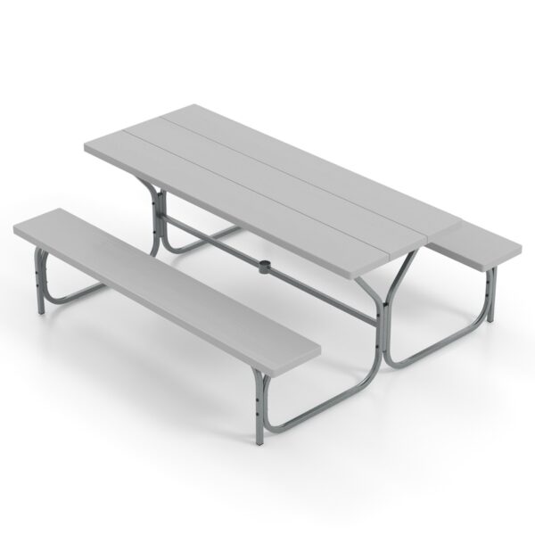 Livsk 183 Cm Picknicktafel En Bank Set Buiten Tafel En 2 Banken Voor 8 Personen Weerbestendig Blad Gat Voor Parasol Voor Terras Tuin Grijs 1.jpg