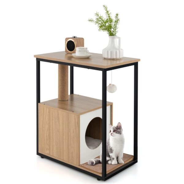 Livsk 66cm Bijzettafel Kattenhuis Met Krabpaal Verwijderbare Krabmat Hangend Kogelspeeltje Voor Woonkamer Slaapkamer Natuurlijke 1.jpg