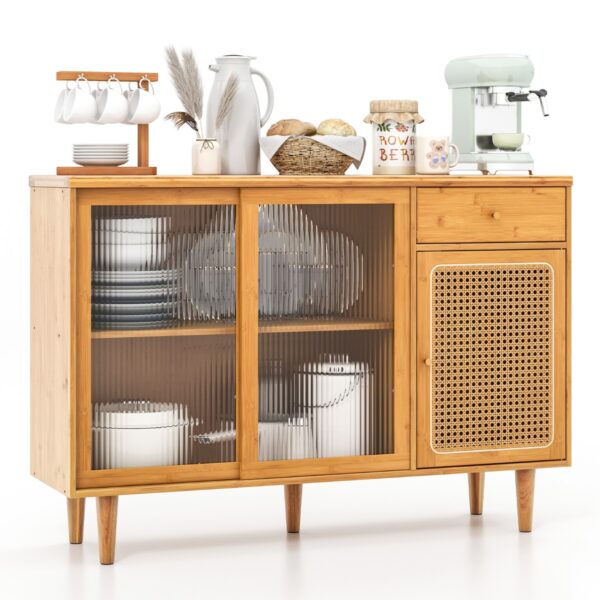 Livsk Mid Eeuws Modern Bamboe Buffet Met Verschuifbare Deuren Van Gehard Glas Rotan Kast En Lade Boheems Koffiebarmeubilair Natuurlijke 1.jpg