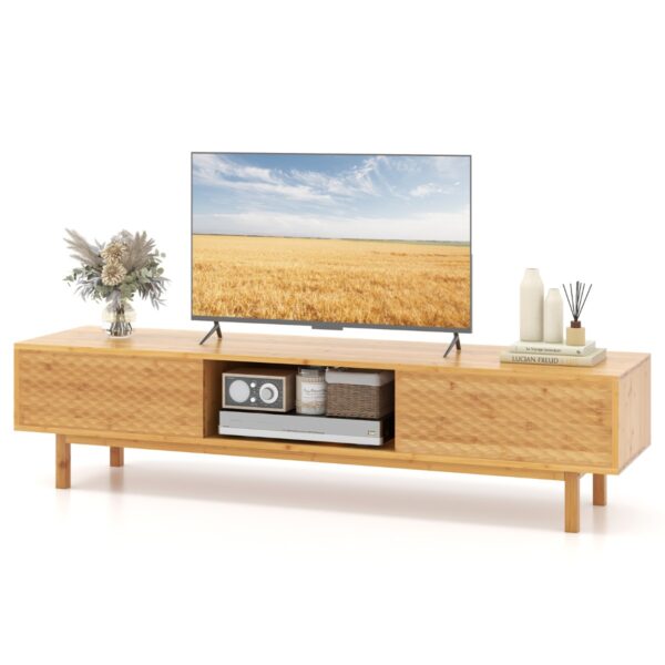 Livsk 160 Cm Bamboe Tv Meubel Voor 65 70 Televisies Moderne Tv Consoletafel Schuifdeuren 3 Opbergvakken Veelzijdig Meubilair Voor Woonkamers 1.jpg