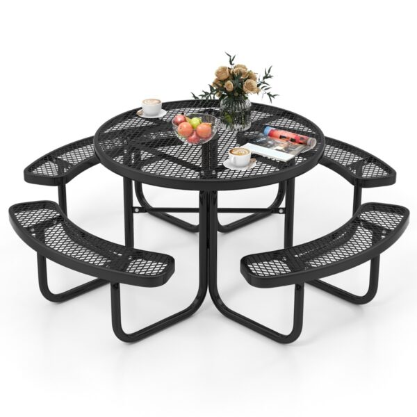 Livsk Ronde Buiten Picknicktafel Met Bank Voor 8 Personen Metalen Campingtafel Met Zitplaatsen En Gat Voor Parasol Buiten Tafel Voor Tuin Zwembad 1.jpg