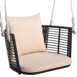 1 zits metalen veranda schommel geweven rotan rugleuning 2 stevige ophangkoorden zit en rugkussens inbegrepen beige 1