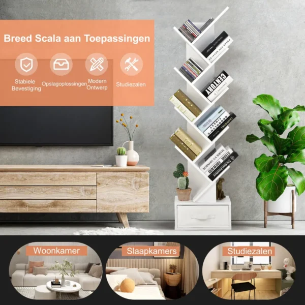 10 lagen boom boekenplank met lade vrijstaande boekenkast voor woonkamer studeerkamer wit 4