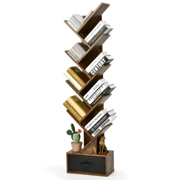 10 tier boom boekenkast met lade voor slaapkamer / woonkamer rustiek bruin 1