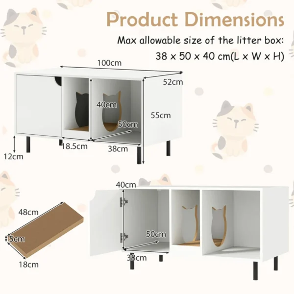 100 cm kattenbakmeubel verwijderbare krabpaal binnenkattenmeubel met 2 compartimenten modern houten meubel voor katten 3