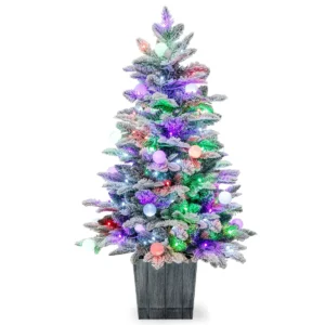 100 cm voorverlichte kunstkerstboom kerstboom in pot met sneeuwvlokken 148 pvc en pe uiteinden 80 gekleurde led lampjes 1