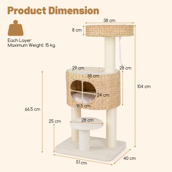 104 cm krabpaal met kattenmand kattenboom met zitstang en platform bed bal sisal krabzuilen kattenkrabpaal beige + natuur 3