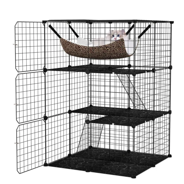 107 cm kattenren met 3 verdiepingen huisdierkooi met comfortabele hangmat afneembare metalen draadkooi voor katten zwart 2