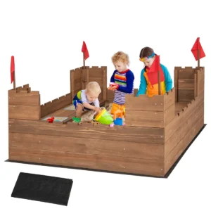 113 x 116 cm zandbak met opbergvakken en vlaggen zandbak met zitbank voor 1 2 kinderen incl. bodemafdekking vanaf 3 jaar bruin 1