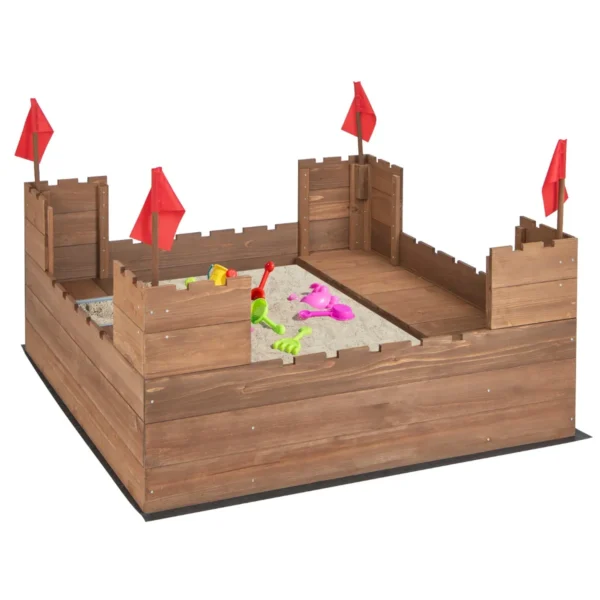 113 x 116 cm zandbak met opbergvakken en vlaggen zandbak met zitbank voor 1 2 kinderen incl. bodemafdekking vanaf 3 jaar bruin 2