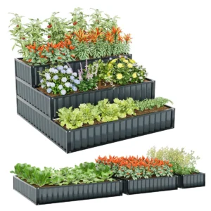 118 x 118 x 61 cm stevige metalen verhoogde plantenbak met 3 niveaus tuinbed met open bodem voor het kweken van groenten fruit 1