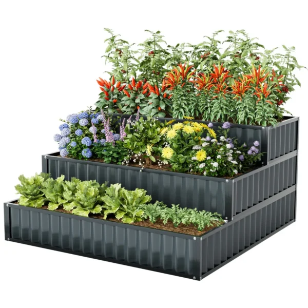 118 x 118 x 61 cm stevige metalen verhoogde plantenbak met 3 niveaus tuinbed met open bodem voor het kweken van groenten fruit 2