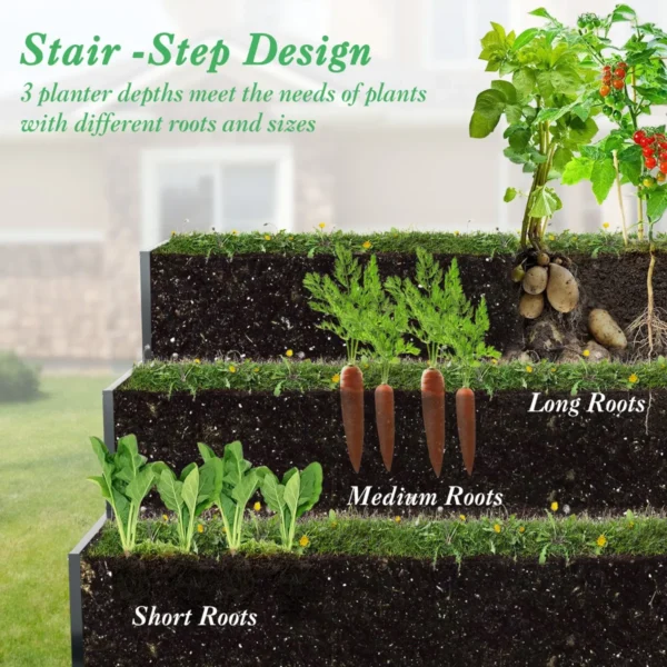 118 x 118 x 61 cm stevige metalen verhoogde plantenbak met 3 niveaus tuinbed met open bodem voor het kweken van groenten fruit 4