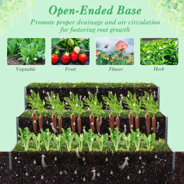 118 x 118 x 61 cm stevige metalen verhoogde plantenbak met 3 niveaus tuinbed met open bodem voor het kweken van groenten fruit 5