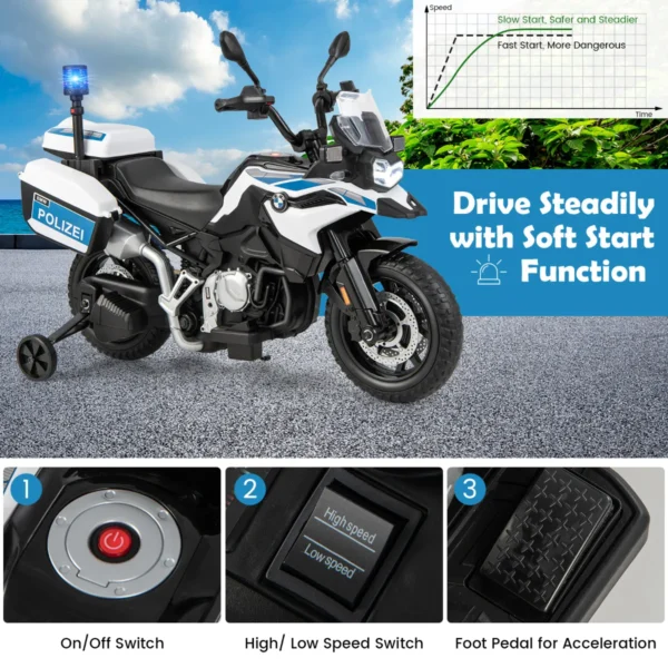 12 v bmw elektrische motorfiets voor kinderen politie met muziek en politielicht kindermotorfiets met 2 steunwielen 3 6 km/u wit 7