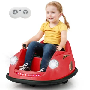 12 v elektrische botsauto voor kinderen op batterijen afstandsbediening led lampjes muziek 360° draaibaar speelgoedauto rood 1