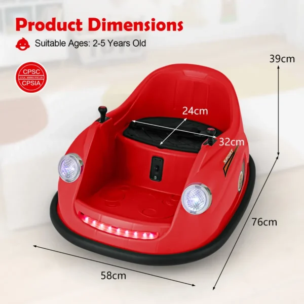 12 v elektrische botsauto voor kinderen op batterijen afstandsbediening led lampjes muziek 360° draaibaar speelgoedauto rood 3