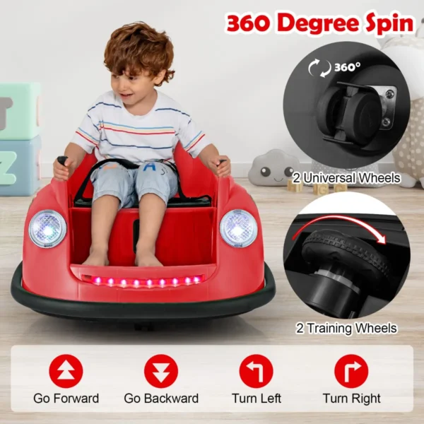 12 v elektrische botsauto voor kinderen op batterijen afstandsbediening led lampjes muziek 360° draaibaar speelgoedauto rood 4